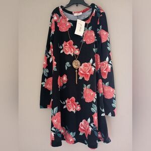 NWT Pinc Black Floral Long Sleeve Dress Necklace Included Size Small